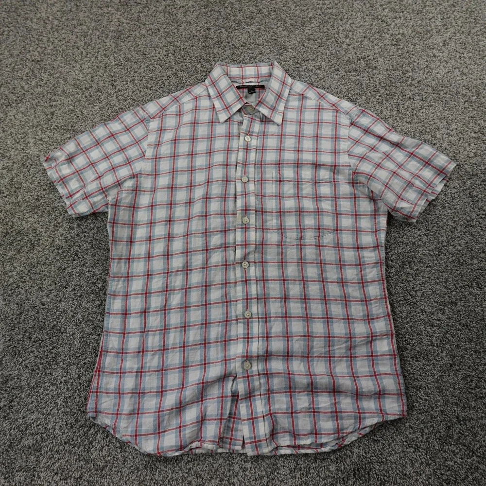 Banana Republic Shirt‎ Mens S White Plaid Linen Blend Short Sleeve Lightweight